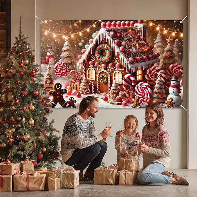 Winter Door Banner Backdrop Christmas Gingerbread House Banner Candy Cane Lollipop Tree Snowman Backdrop Holiday Sweet Wonderland Scene 71x43 inch Party Wall Decoration