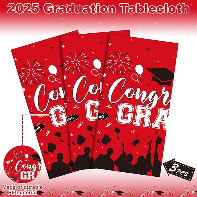 3 Pack Plastic Graduation Tablecloth, Graduation Decorations Class of 2026 Disposable Rectangle Red and Black Table Cover, 2026 Gongrats Grad Table Cloths for Graduation Party Decorations, 54x108