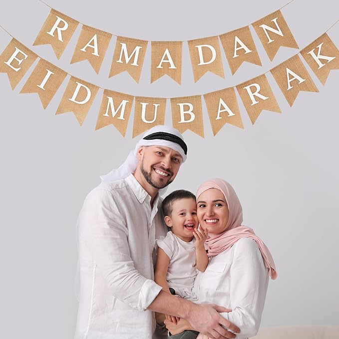 Ramadan Eid Mubarak Burlap Banner Muslim Fireplace Mantel Decoration Pre-Strung Ramadan Bunting for Wall Porch Party Indoor Outdoor Decor