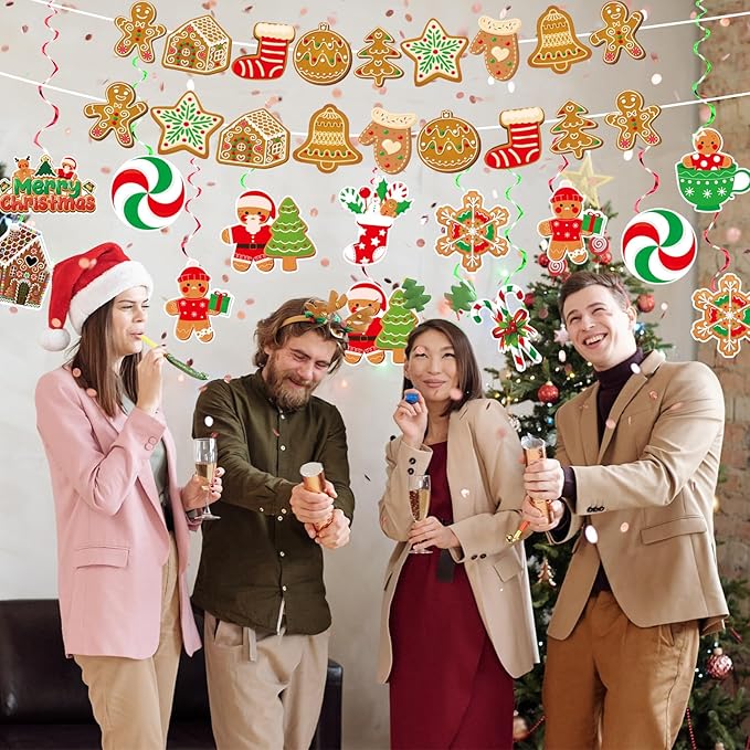 Christmas Decorations Christmas Banner and Gingerbread Hanging Swirls for Xmas Winter Holiday Party Supplies