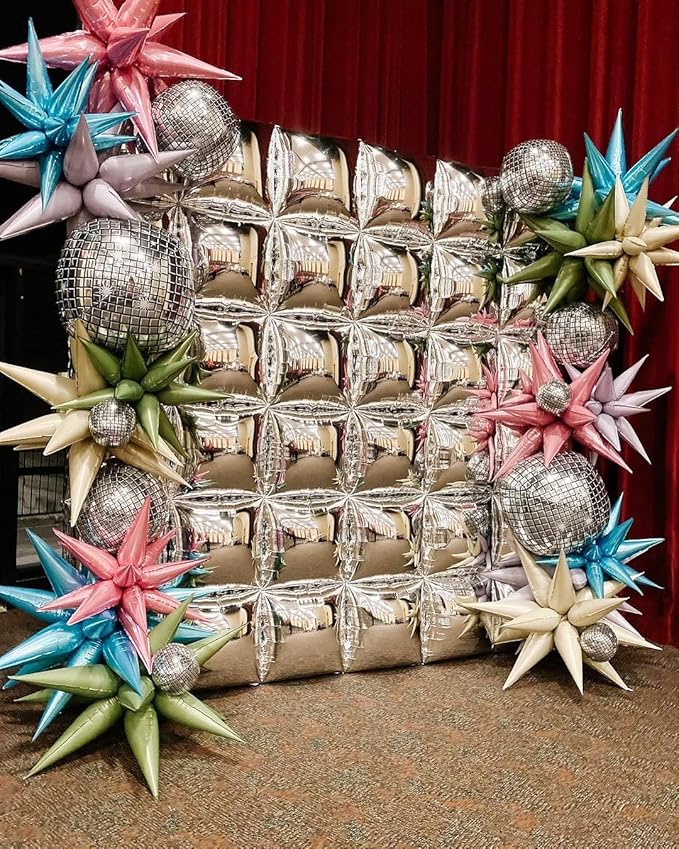 50pcs Metallic Silver Square Foil Balloons Wall Backdrop with 79pcs Metallic Silver Balloon Garland Arch Kit, Double Sided Balloon Tunnel for Anniversary Engagement Birthday Prom Decorations