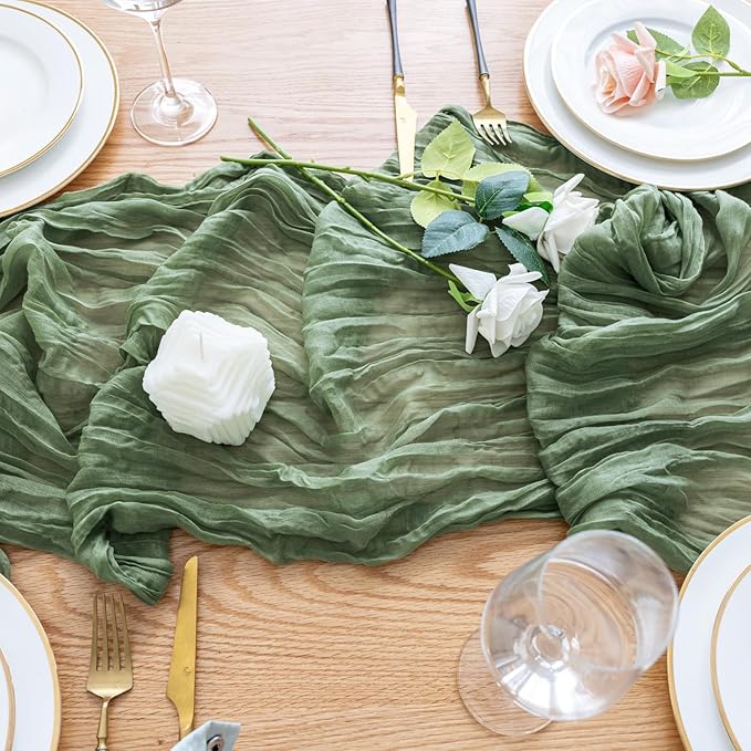 Wokceer Sage Green Cheesecloth Table Runner Spring 3Pack 10FT Boho Gauze Easter Cheese Cloth Table Runner for Party Christmas Sheer Runners for Baby Bridal Shower Wedding