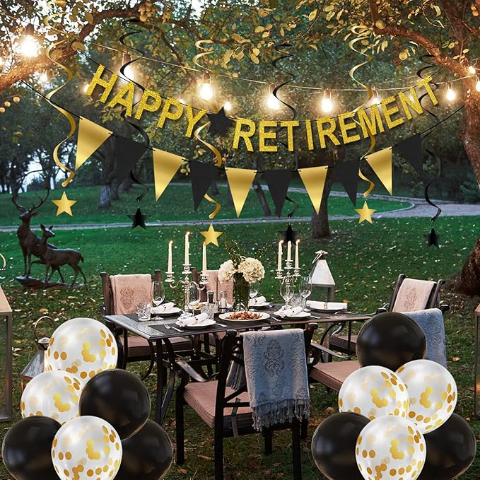 Happy Retirement Party Decorations - Banner, Triangle Flag Garland, Star Hanging Swirls and Balloons