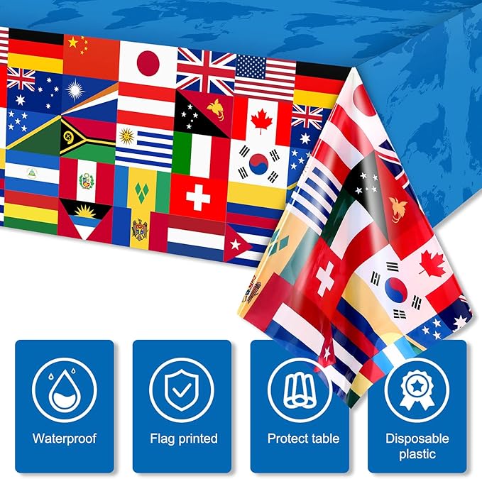 1 Pack International Flag Table Cover Patriotic Table Cloth World Country Flags Plastic Tablecloth for Festival Events Celebration Party Decorations Soccer Sports Beer Party, 108 x 54 Inch