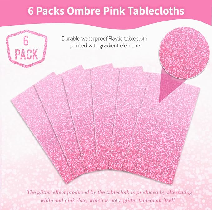 Kesfey 6 Packs Ombre Pink Tablecloth 54 x 108 Inch Gradient Pastel Pink Table Cloths Rectangle Disposable Plastic Light Pink Sprinkle Glitter Table Covers for Birthday Baby Shower Party Decorations