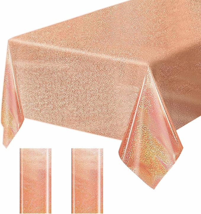 2 Pack Rose Gold Iridescent Plastic Tablecloth Disposable 54 × 108 Inch Glitter Holographic Foil Table Cloth Plastic Laser Rectangle Table Cover for Birthday Wedding Disco Party