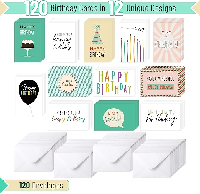 Mr. Pen- Assorted Birthday Cards with Envelopes, 120 Pack, 4" x 6", Birthday Cards Pack