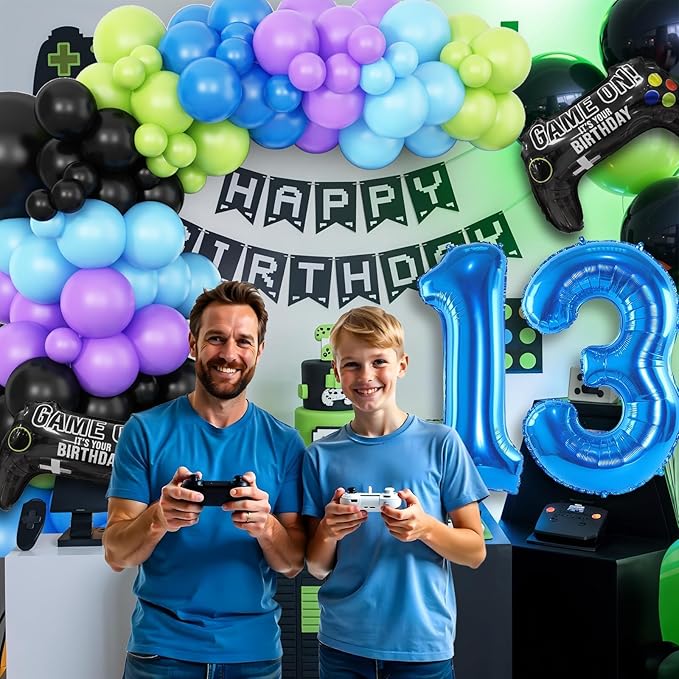 13th Video Game Balloons Arch, 13th Game Party Balloons Garland Kit 13th Birthday Supplies with Blue Number 13 Foil Balloons for 13 Year Old Teens Boys Decor