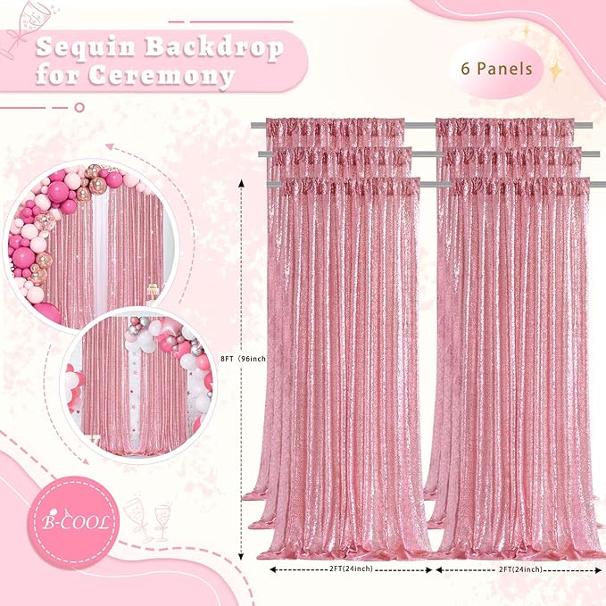 B-COOL Sequin Backdrop Curtain 6 Panels Fuchsia Pink Party Curtain Background 2ftx8ft for Birthday Wedding Sweetheart Party Decorations
