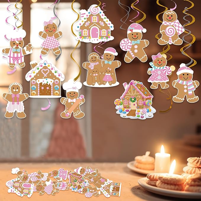 24pcs Pink Gingerbread Party Decorations Hanging Swirls Christmas Gingerbread Streamers Decor for Christmas Birthday Party Supplies