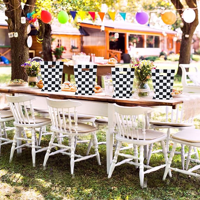 Rainmae 50 Pcs Race car Goodie Gift Bags, Racing Treat Gift Bags, Candy Party Favors Bags, Black and White Checkered Party Supplies for Two Fast Themed Kids Birthday Baby Shower Party Decoration