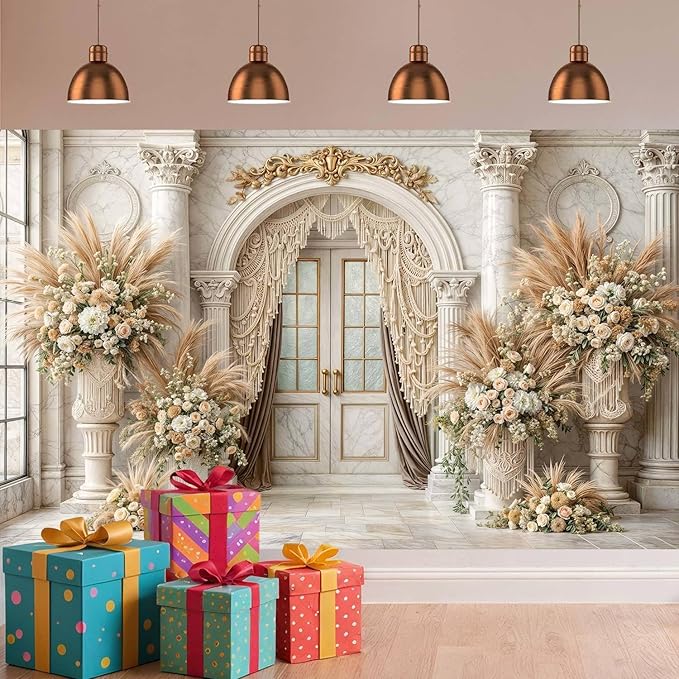 8X6ft European Retro Palace Backdrop Elegant Boho Flowers Photography Background Luxurious Dreamlike Wedding Bridal Shower Party Decoration Supplies Cake Table Photo Booth Studio Props