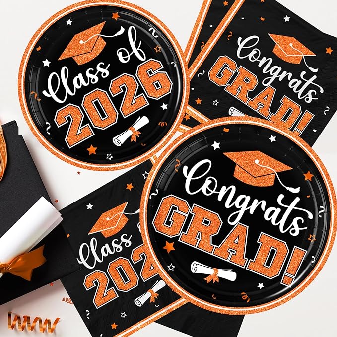 Graduation Plates and Napkins 2026,Orange Graduation Decorations 2026,200pcs Orange and Black Plates and Napkins Graduation Party Supplies for Graduation Party Decorations,Serve 50
