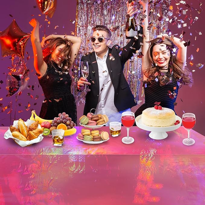 1 Pack Hot Pink Iridescence Plastic Tablecloths Shiny Disposable Laser Rectangle Table Covers Holographic Foil Tablecloth Iridescent Party Decorations Birthday Bridal Wedding Christmas, 54 x 108 Inch