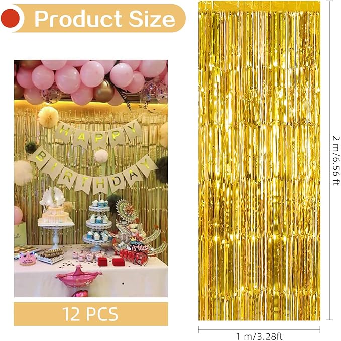 12 Pack Gold Foil Curtain Backdrop 3.2ft x 6.6ft Metallic Tinsel Fringe Backdrop Curtains Streamer Photo Booth Backdrop for Birthday Engagement Bachelorette Christmas Holiday Party Decorations