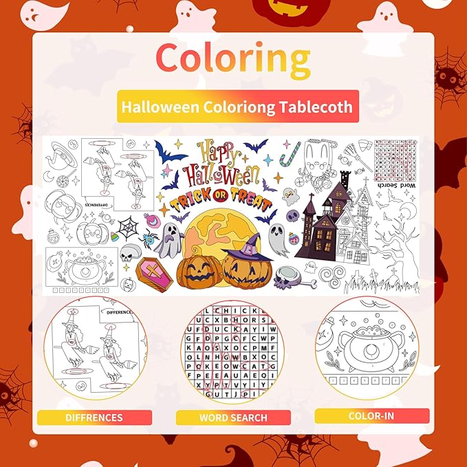 Halloween Giant Coloring Poster/Tablecloth Crafts for Kids, 30 x 72 Inches Jumbo Paper Coloring Banner Gifts for Kids Versatile Paper Table Cover, Halloween Party Decorations