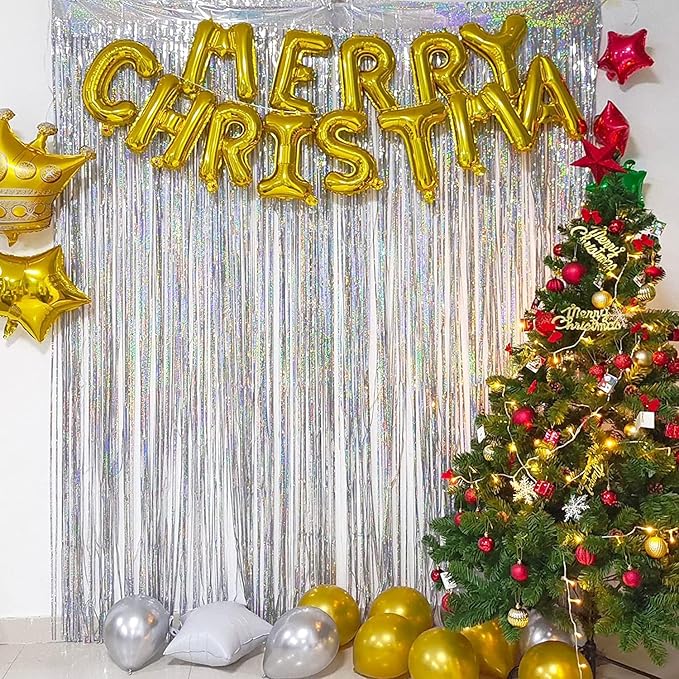 BRAVESHINE Silver Streamers Party Backdrop - 2Pcs 3.2x8.2ft Tinsel Foil Fringe Curtain for Birthday/Graduation/Prom/Bachelorette/Anniversary/Engagement/Bridal Shower/Dance Ball/Snowflake Decorations