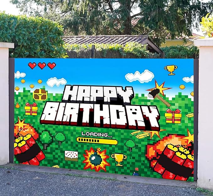 Pixel Backdrop Happy Birthday Banner Boy 5x3ft Miner Bday Sign Villager Gaming Birthday Party Decorations Videogame Themed Banner Video Game Decorations Video Game Backdrop for Boys