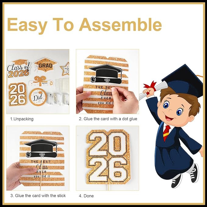OuMuaMua Graduation Decorations Class of 2026-30pcs White and Gold Graduation Table Centerpieces Sticks Table Toppers with Lights for College High School Congrats Grad Party Supplies