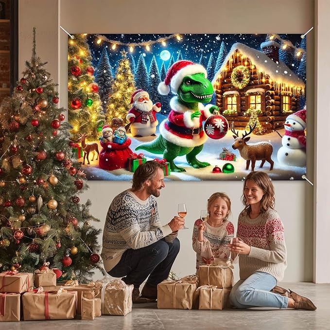 Christmas Banner Dinosaur Santa Claus Holiday Winter Wonderland Decorations Photo Backdrop Snow Scene Party Decor Tree Lights Gifts Reindeer Background for Wall 71 X 43 Inches