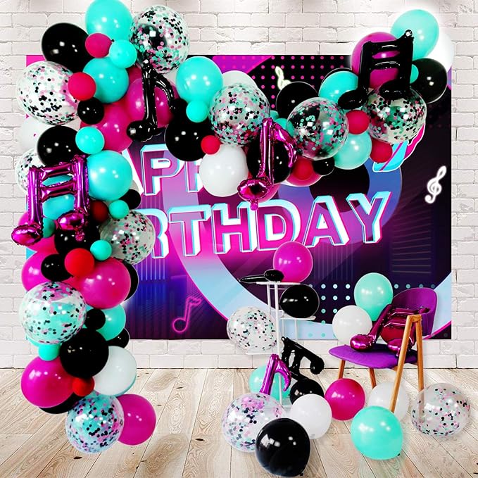Music Notes Party Decorations, Karaoke Balloon Garland & Arch Kit, White, Rose Red, Seafoam Blue, Black Latex Balloons Confetti Balloon Musical Note Foil Balloon Strip Set for Birthday Party Supplies