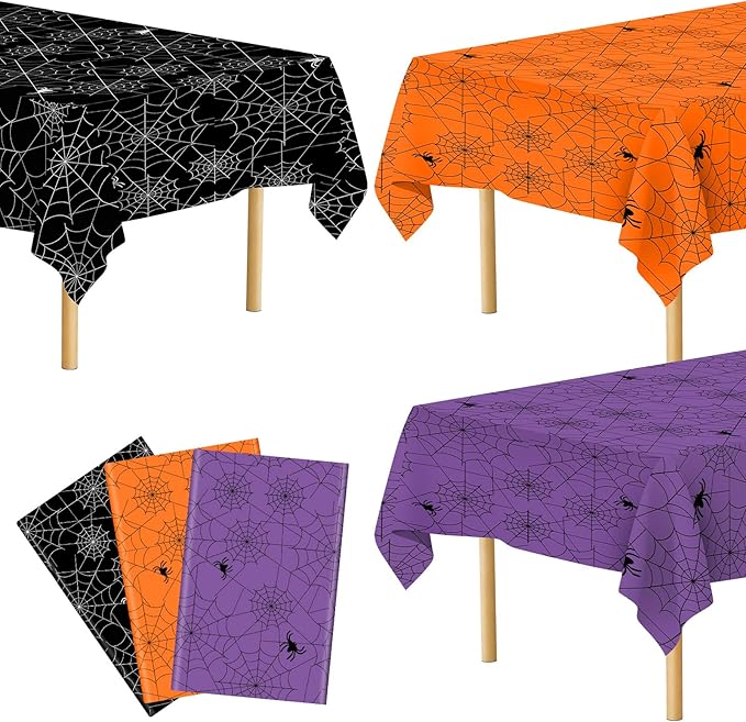 3 Pcs Halloween Tablecloth - Multicolor Spider Web Table Cloths, Disposable Rectangle Plastic Spiderweb Table Cover for Halloween Party Decorations Supplies Favors Tables Decor, 108 x 54 Inch