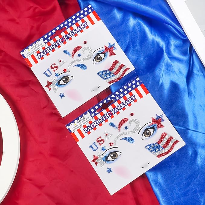 4th of July Face Gems, Fourth of July Celebration Face Jewels, Patriotic Tattoo with USA Flag Stars Designs, Sparkle Glitter Red Blue Silver for Independence Day, Parades, Parties 2 Sheets (style1)