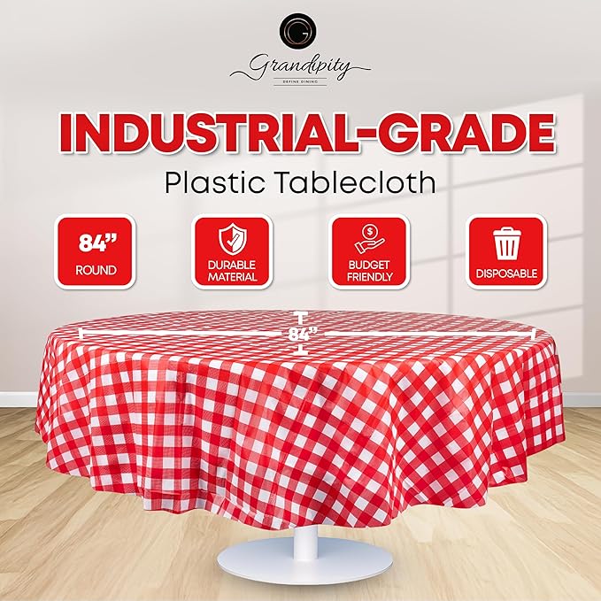 Grandipity 12 Pack Premium Disposable Plastic Picnic Tablecloth 84" Inch Decorative Round Table Cover - Red Checkered Gingham