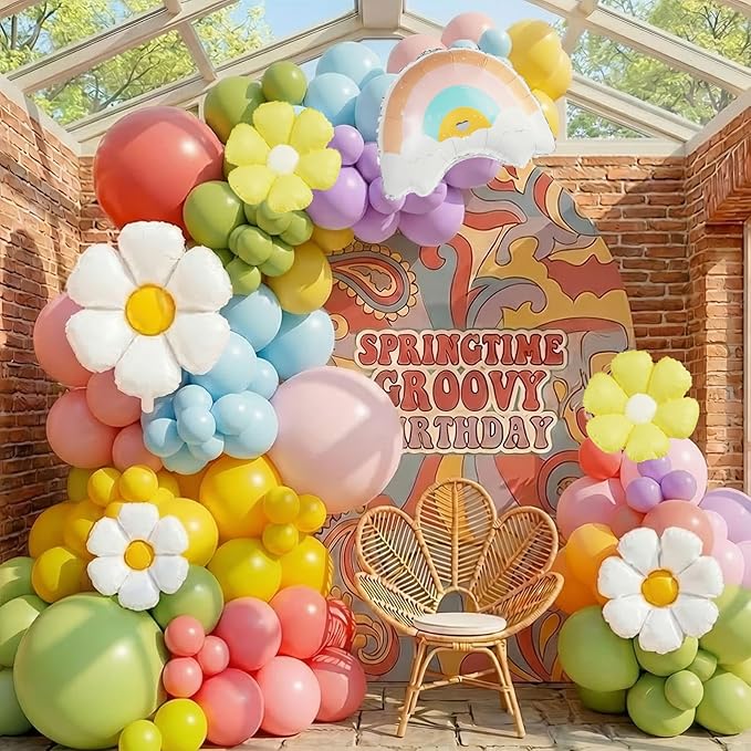 Pastel Daisy balloon arch kit Pastel pink yellow green blue red Purple balloons with rainbow daisy Flower balloon for spring Baby Shower Easter tea Party two groovy Birthday decorations