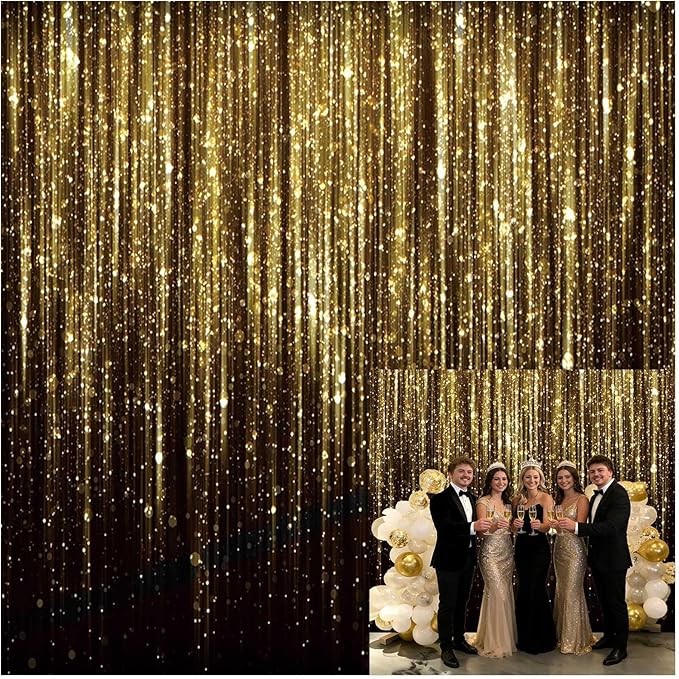6x6 FT Black Gold Bokeh Glitter Photo Backdrop Golden Streamer Flash Kids Birthday New Year Wedding Anniversary Prom Party Banner Decoration Shiny Photography Background Polyester