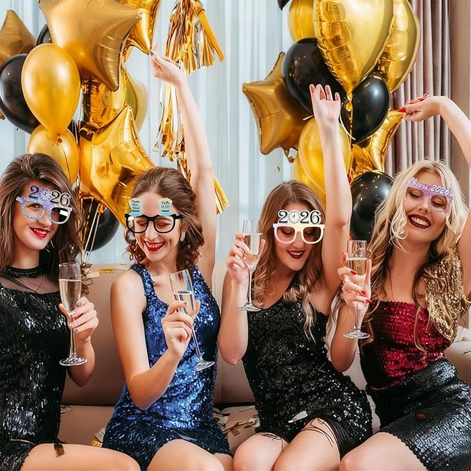 12PCS New Year Glasses, Funny New Years Eve Party Paper Glasses Photo Booth Props 2026 Eyeglasses Frames for NYE Party Supplies Decorations 2026