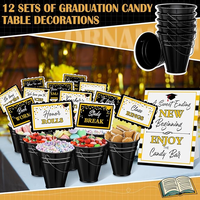 12 Set 2026 Graduation Candy Buffet Party Decoration Graduation Table Candy Bar Snack Labels Signs and 5'' Buckets with Handle for Class of 2026 Party Parties Supplies(Plaid Border Style,Black)