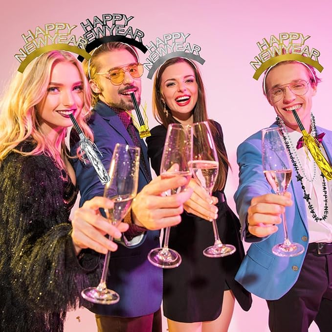 Openfly 36Pcs New Years Eve Party Supplies 2026 Happy New Year Hats Headband Tiara Noise Makers Paper Glasses Party Favors