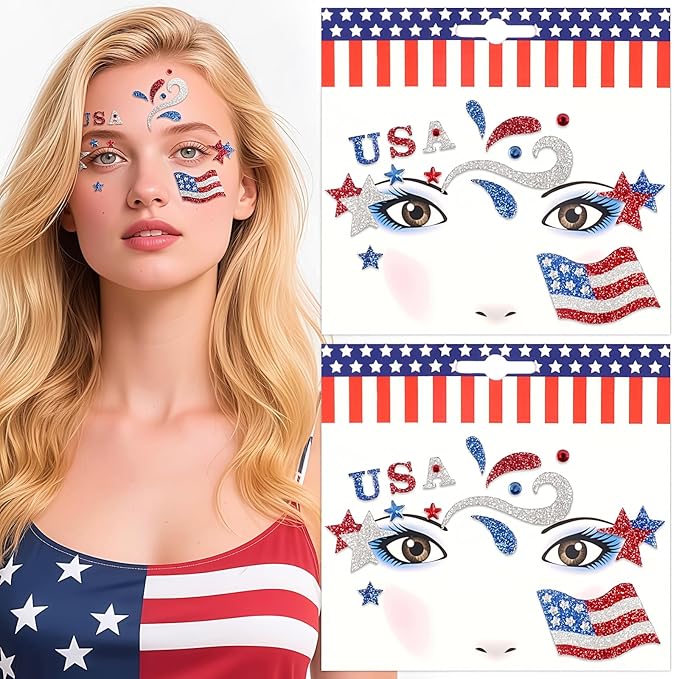 4th of July Face Gems, Fourth of July Celebration Face Jewels, Patriotic Tattoo with USA Flag Stars Designs, Sparkle Glitter Red Blue Silver for Independence Day, Parades, Parties 2 Sheets (style1)