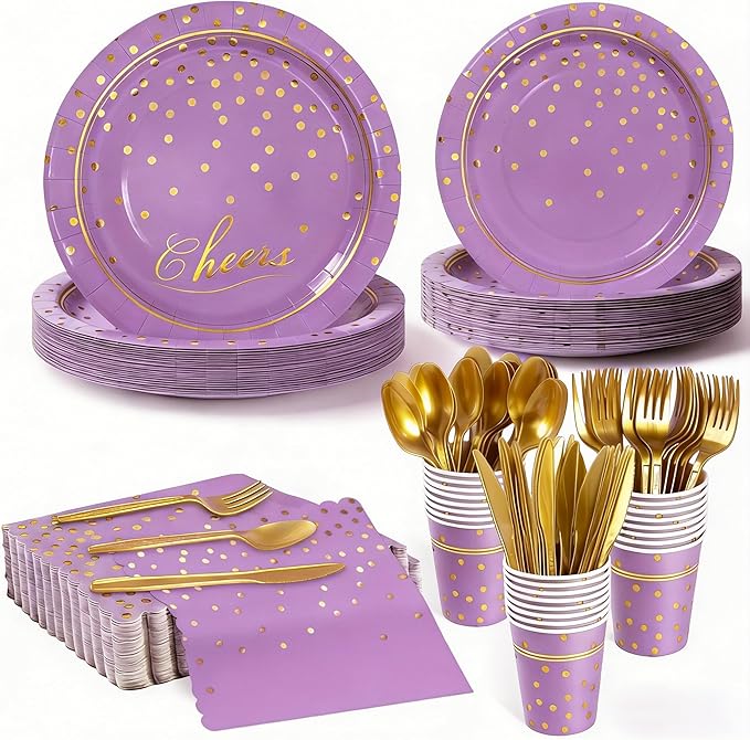 OuMuaMua Purple Gold Disposable Plates Party Supplies for 24 Guests, 168 Pcs Purple Plates, Cups and Napkins with Utensils Set for Birthday Baby Shower Graduation Lavender Party Decorations