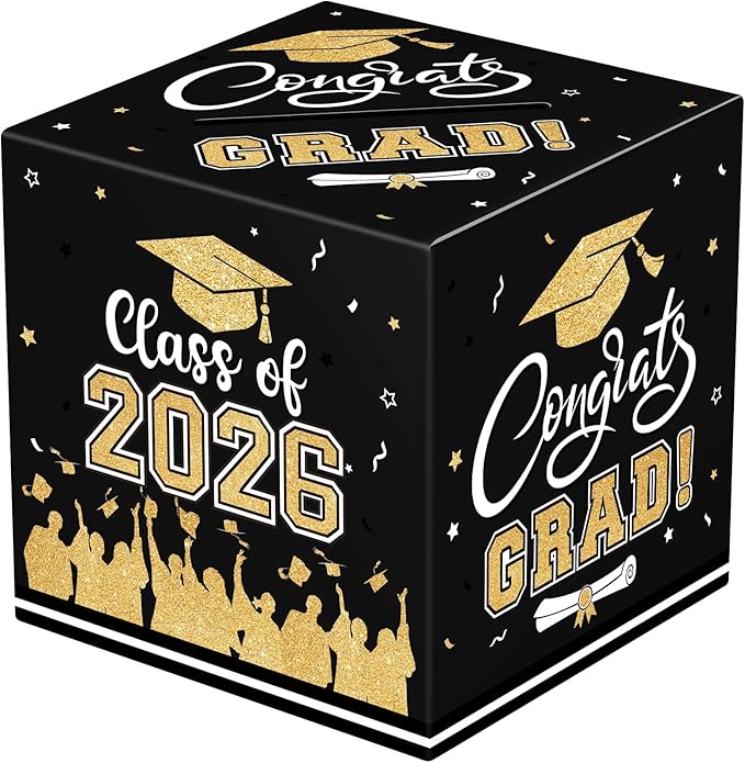 Graduation Card Box 2026 - Congrats Grad Card Boxes Holder, Black and Gold Class of 2026 Gift Cards Box for Graduation Decorations 2026 Favors Party Decor Supplies Props, 9x 9 x 9 inches