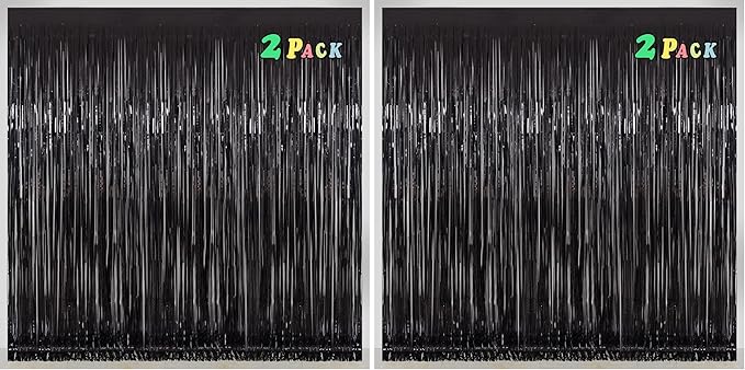 Black Tinsel Fringe Backdrop Curtains for Parties, Melsan 3.2 x 8 ft Black Streamer Photo Backdrop for Birthday, Graduations, New Year Eve Party Decor - Pack of 4