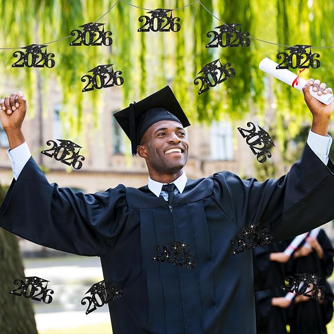 Chinco 24 Pcs 2026 Graduation Decorations Class of 2026 Graduation Centerpieces for Table Glitter Cutouts Grad Cap Tags Double Side Sparkling Glitter Confetti Party Decor for Vase Mason Jar (Black)