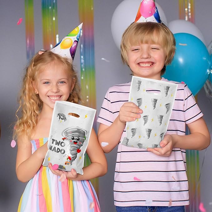 Two Nado Party Favor Bags - 50Pcs Gray Tornado Patterns Goody Candy Treat Bags for Kid, Cute Two Nado Theme Plastic 2nd Birthday Party Favor Supplies Decorations for Baby Boys Girls Baby Shower