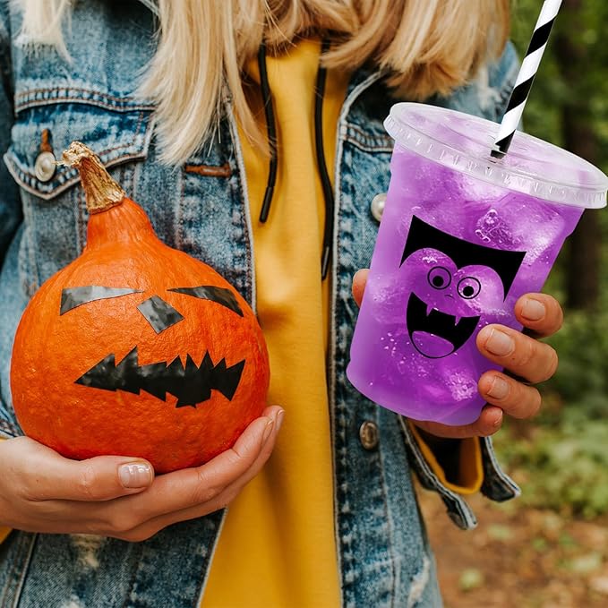 Whaline 60Pcs Halloween Disposable Plastic Cups with Lids and Straws 12oz Vampire Monster Ghost Pumpkin Cold Beverage Drinking Cups for Birthday Party Favors