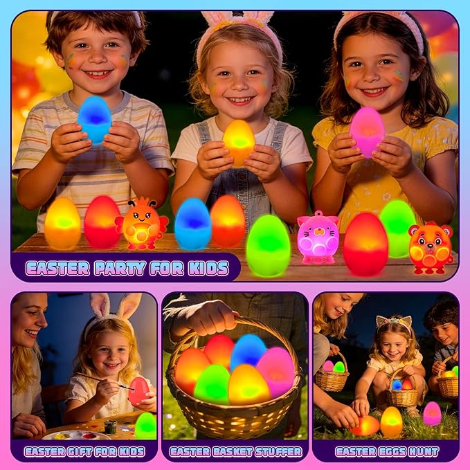 Prefilled Easter Eggs with Light Up 3D Animal Pop Toys, 24 Pack Easter Eggs Filled, Easter Basket Stuffers for Toddler Eggs Hunt, Glow in The Dark Easter Egg, Easter Gifts for Kids