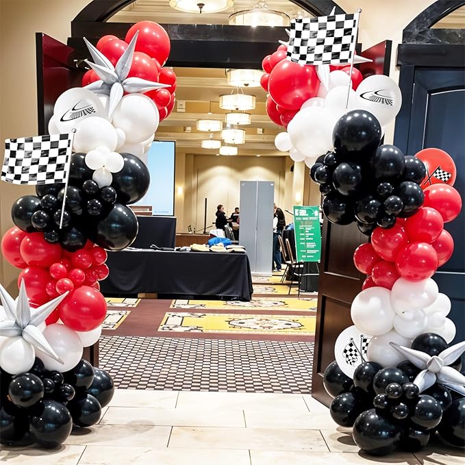 Race Car Balloon Arch Garland Kit, Red Black White Party Latex Balloons with Checkered Flags for Boy Racing Car Themed Birthday Party Decorations Baby Shower Transportation Backdrop Supplies