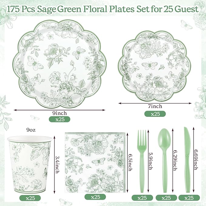 175 Pcs Sage Green Floral Plates and Napkins 25 Guest Scalloped Toile Chinoiserie Party Supplies Includes Floral Plates Napkins Cups Plastic Cutlery for Wedding, Bridal&Baby Shower, Tea Party