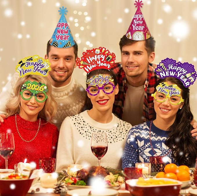 HOWAF New Years Eve Party Supplies 2026, 48 Pieces Colorful New Years Eve Hats Happy New Year Headband 2026 Glasses Party Blowouts and Necklace NYE Party Supplies New Years Eve Accessories Kit