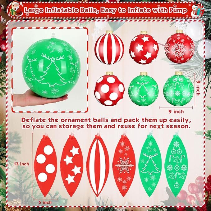 12 Pack Large Christmas Balls, 9 Inch Inflatable Christmas Ornaments for Outdoor Decoration, Big Christmas Ornaments Balls for Front Door Yard Tree Hanging Decoration