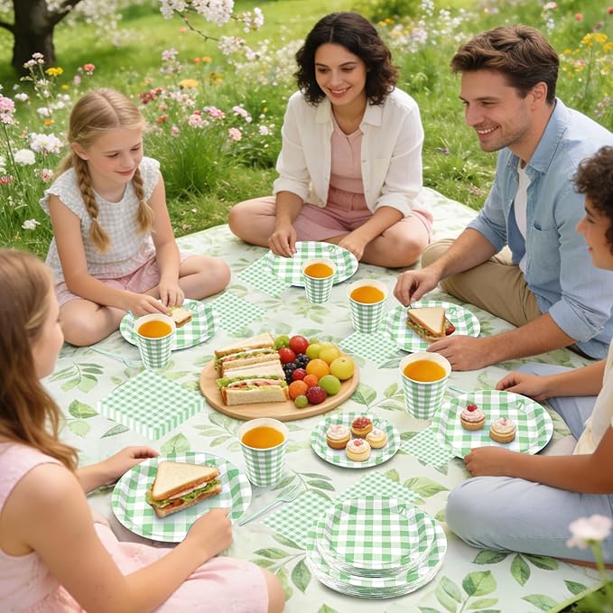 Green Gingham Disposable Party Tableware Set for 30 Guests – 9 & 7 Inch Paper Plates, Cups, Napkins and Forks, Green Checkered Paper Dinnerware for Birthday, Picnic, Baby Shower, Outdoor Gatherings