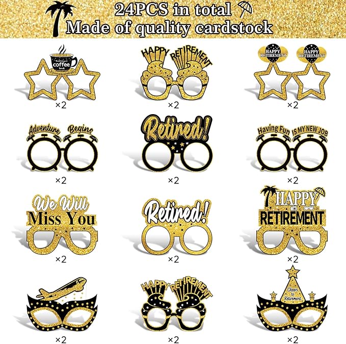 24Pcs Retirement Party Decorations Paper Glasses for Men Women, Black Gold Happy Retirement Paper Eyeglasses Party Supplies, Funny Farewell Retired Party Glasses Photo Props Decor