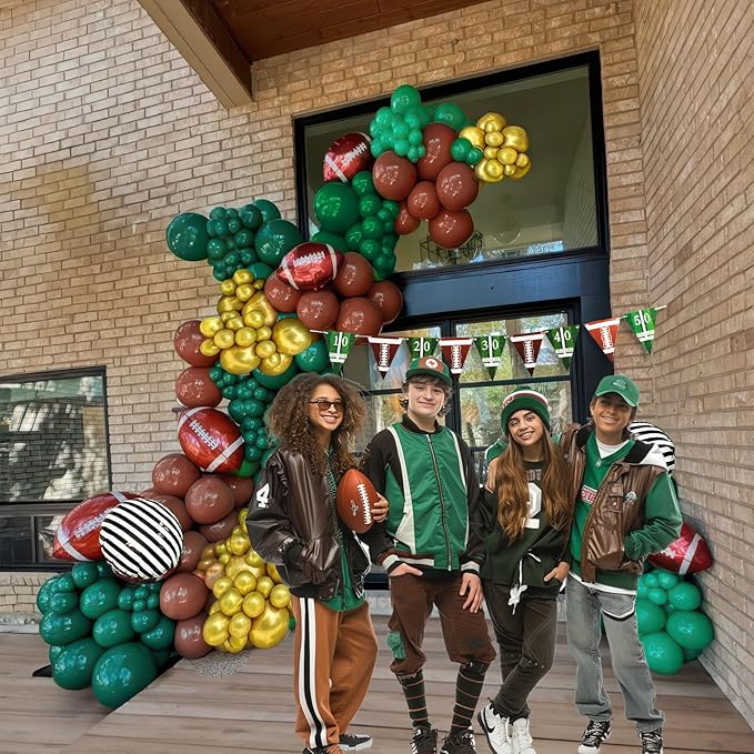 Football homecoming Balloon with Green White Gold Balloons with large star stripe Foil balloons and Football Banner for sport theme tailgate super league touch down birthday decorations