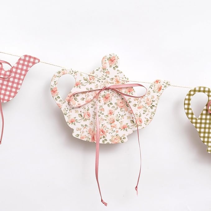 Tea Party Decoration Banner Vintage Garden Teapot Decor, Floral and Gingham Pattern Tea Cup Banner,Tea Party Supplies for Girls, Princesses, Parties, Bridal Showers, Birthday Decor