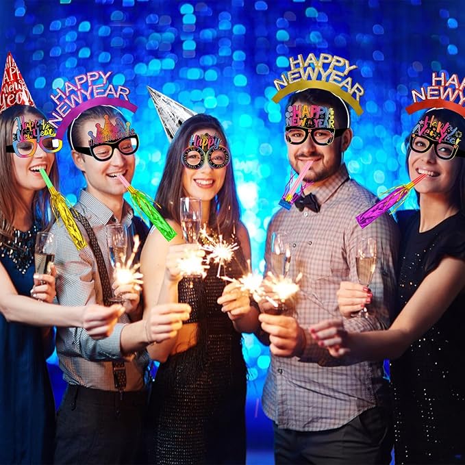 Openfly 36Pcs New Years Eve Party Supplies 2026 Happy New Year Hats Headband Tiara Noise Makers Paper Glasses Party Favors